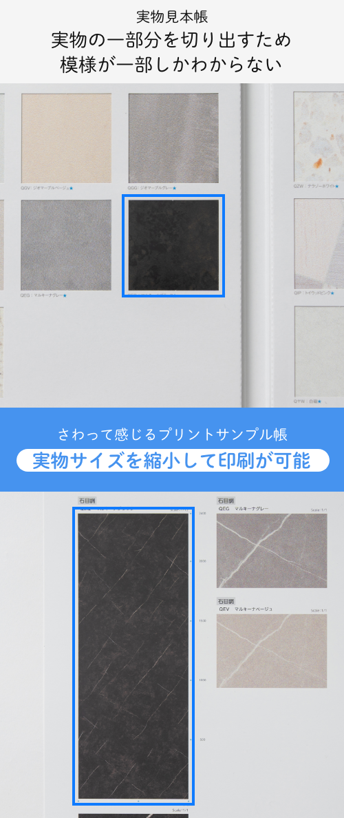 実物見本帳との比較：さわって感じるプリントサンプル帳は表面の特殊加工で肌触りを再現